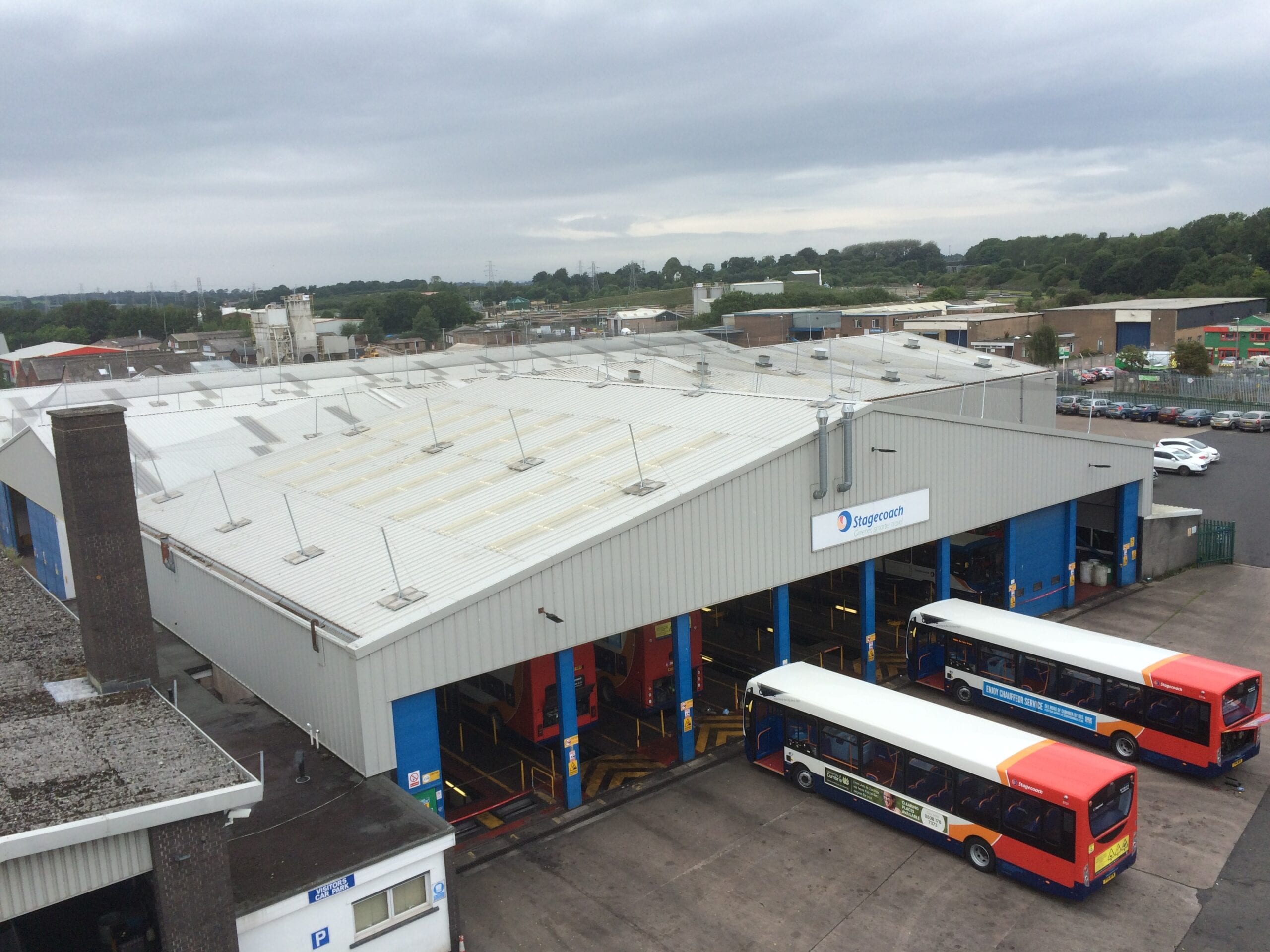 Roof netting installed on the top of a bus depot.